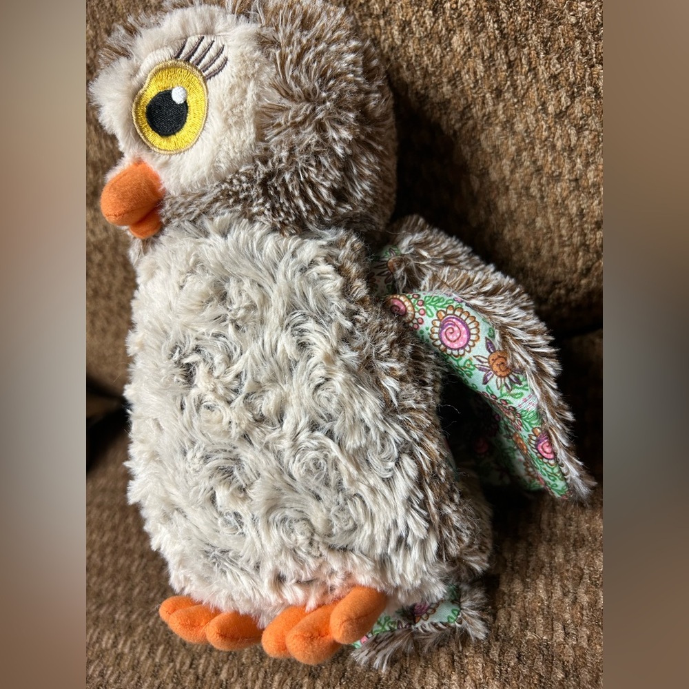 Gray and Orange Plush Owl Toy with Floral Detail - Picture 2 of 5